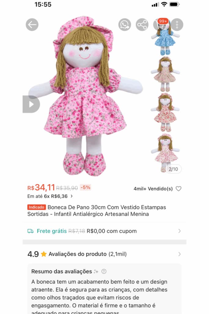Anúncio de boneca de pano vendida
