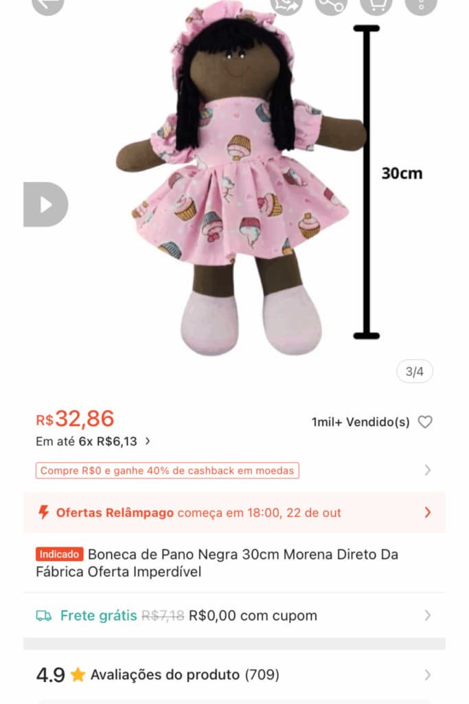 Anúncio de boneca de pano vendida
